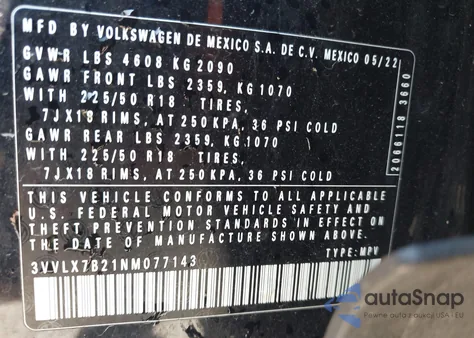 2022 Volkswagen Taos 1.5T Se z USA, uszkodzony, nr VIN 3VVLX7B21NM077143